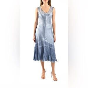 Komarov Beaded Chiffon Midi Dress Blue V Neck Tiered Mother of Bride NWOT